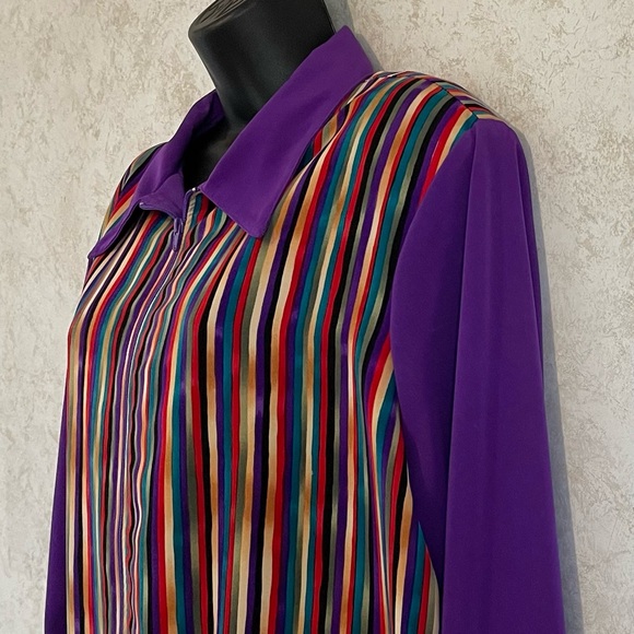MS Maggie Sweet Zip Up Front Blouse Purple Stripe Elastic Waist Size Large - Picture 2 of 12